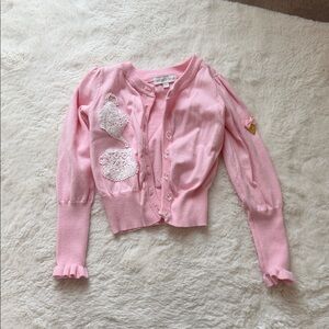 Girls' Pink Knit Cardigan with Lace Teacup Appliqués